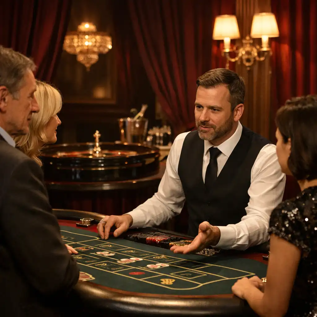 Croupier expliquant une table élégante à des invités lors d'une réception