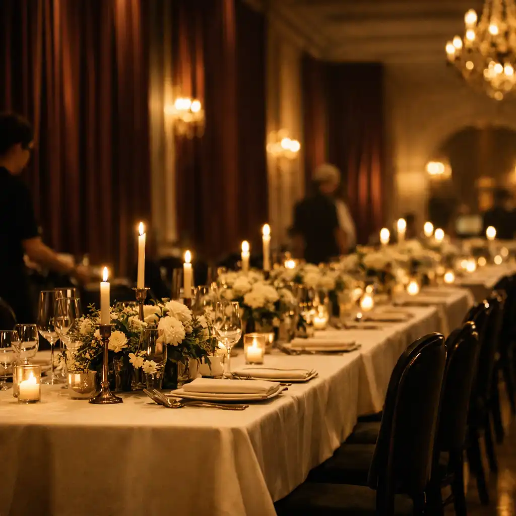 Salle de réception raffinée avec longues tables ivoire, chandelles et rideaux bordeaux