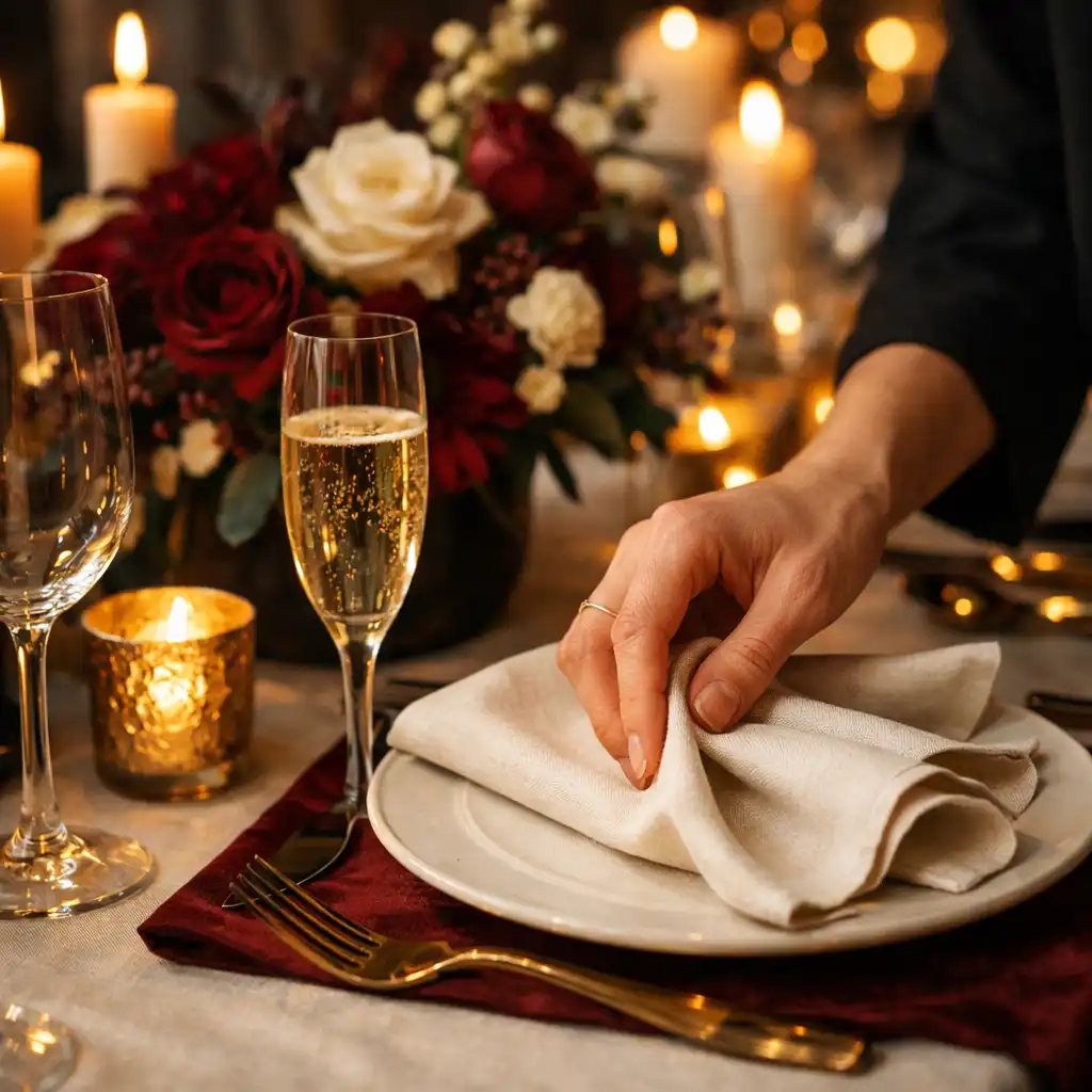 Détail d'une table de réception en lin ivoire avec fleurs, verrerie et lumière chaude