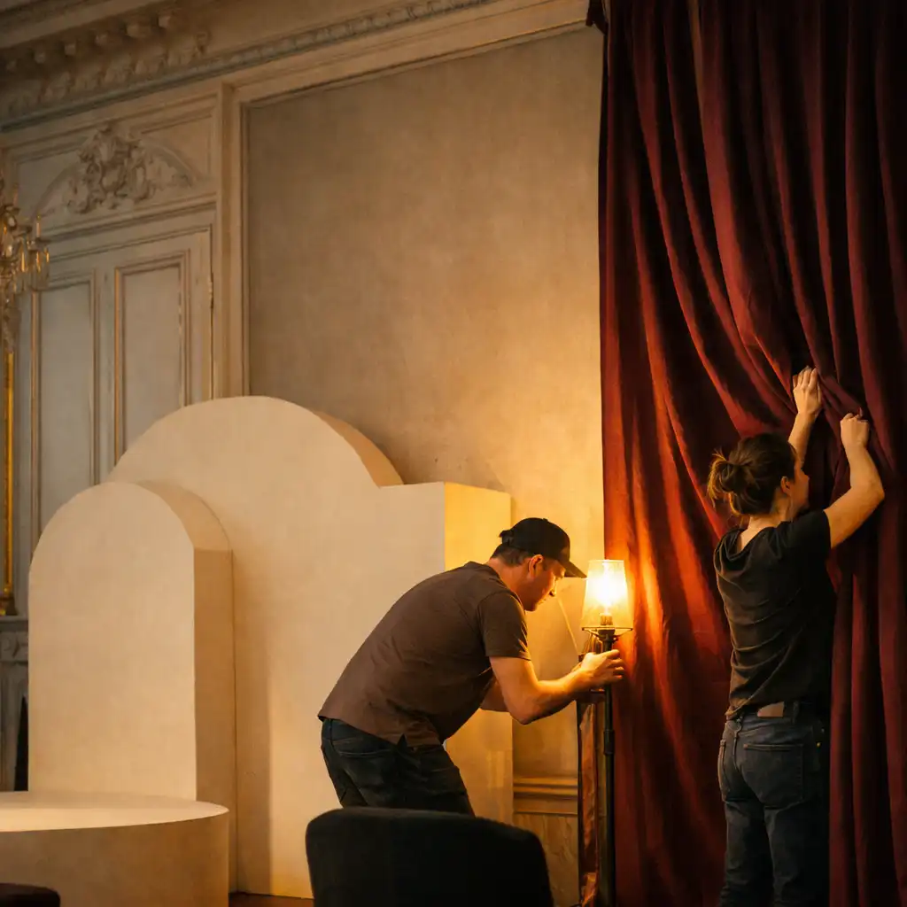 Préparation d’une scénographie avec rideau bordeaux et lumière chaude dans un salon élégant
