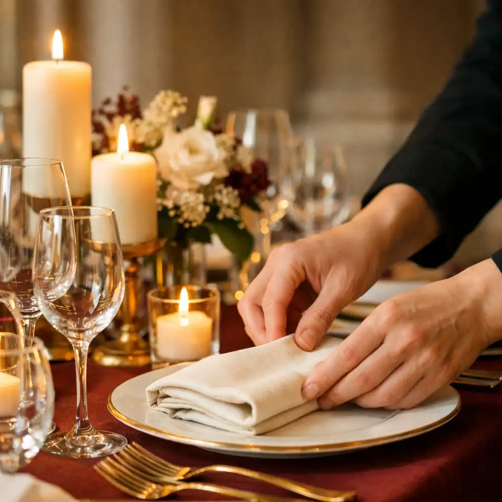 Mains ajustant une table de réception avec verrerie, textile et lumière dorée
