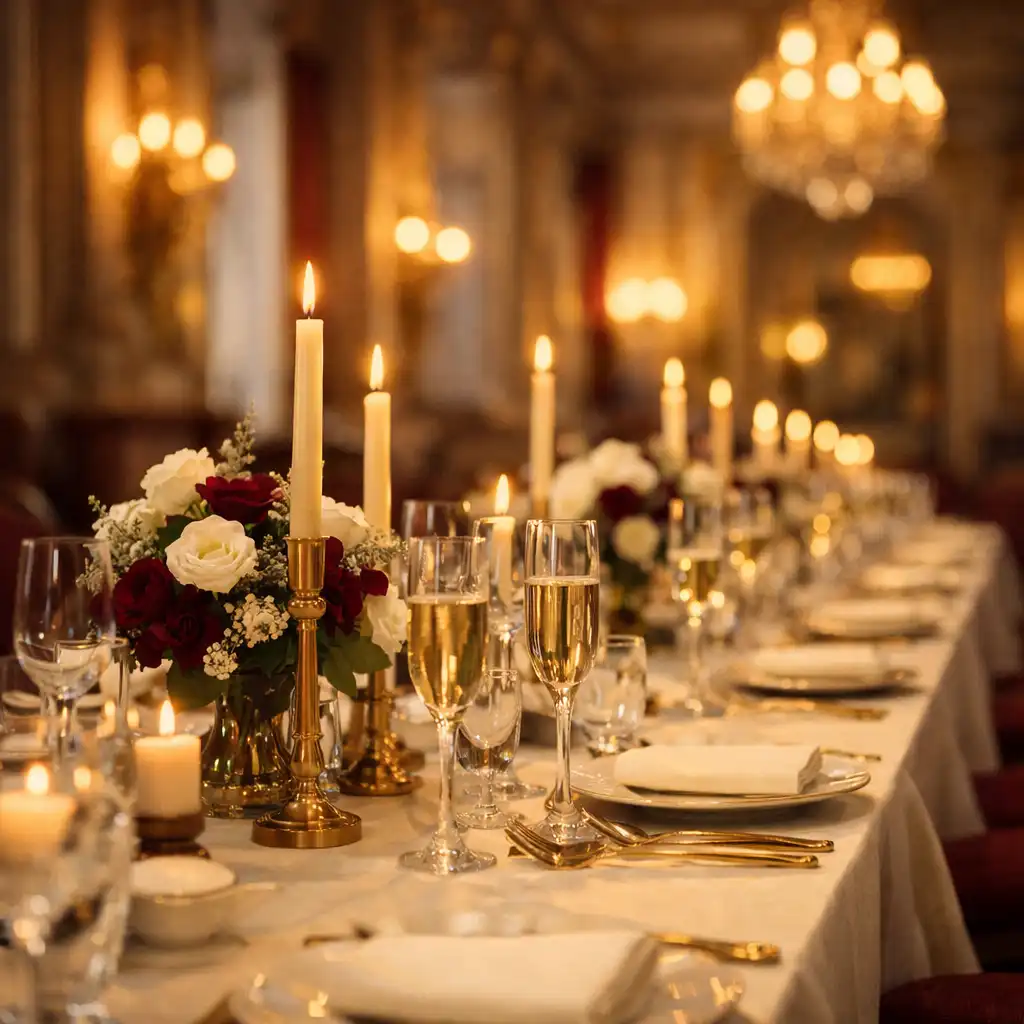 Table de gala d’entreprise dressée dans une salle patrimoniale française.