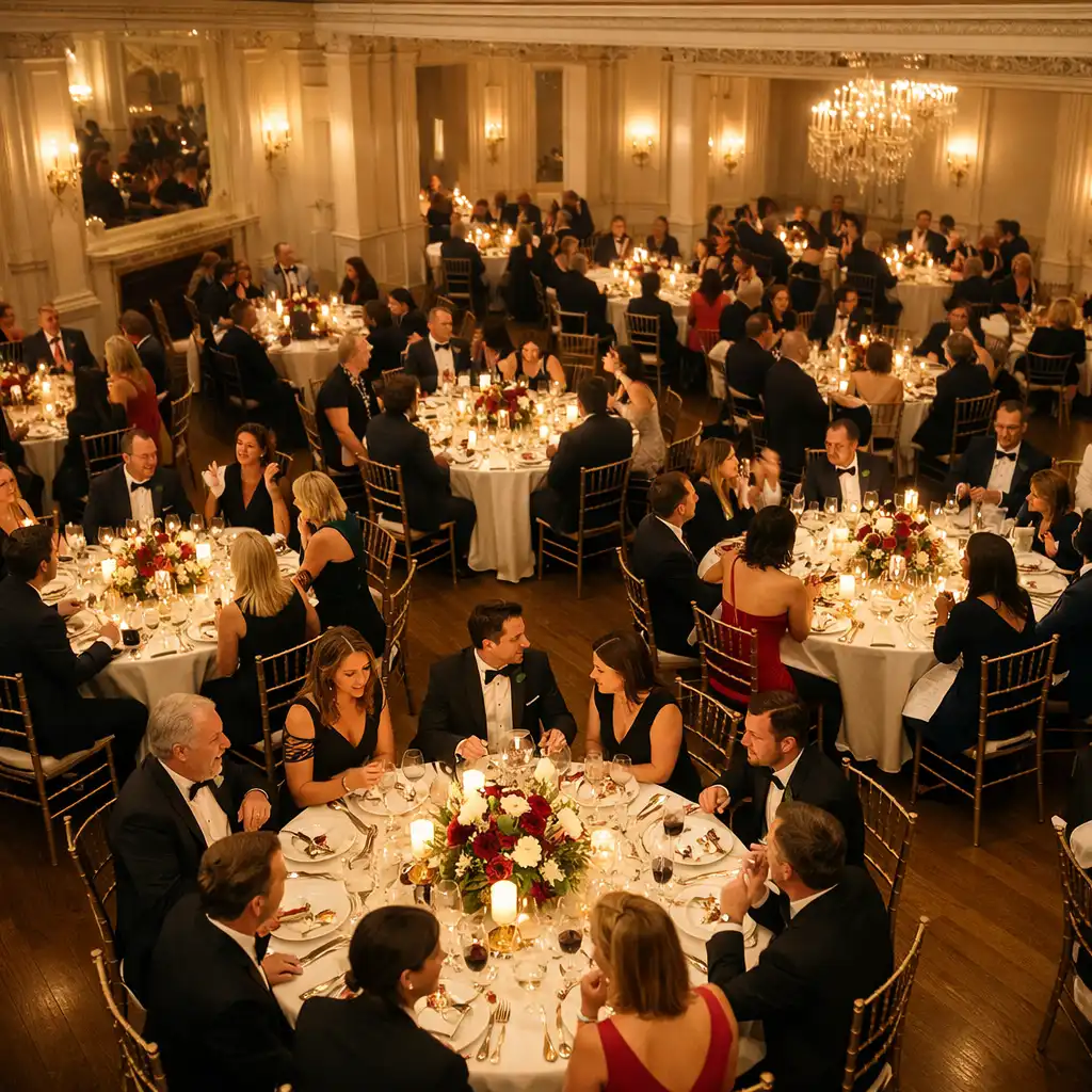 Tables dressées et invités échangeant lors d'un dîner de gala élégant