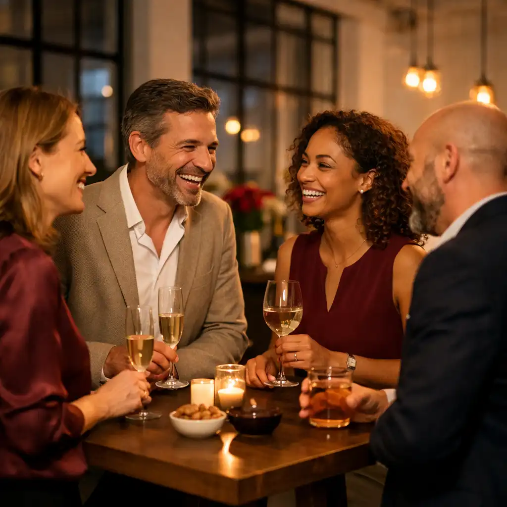 Groupe d'adultes échangeant avec convivialité dans un espace événementiel chaleureux
