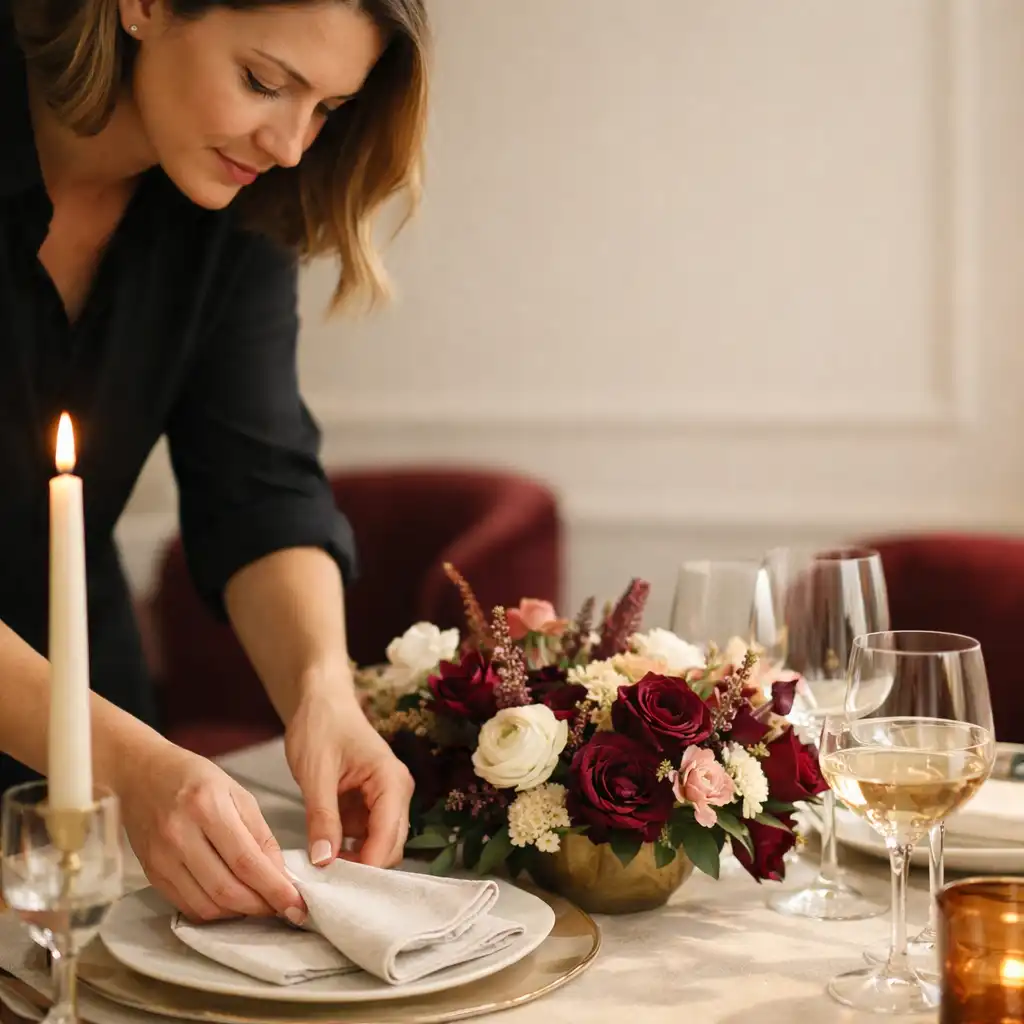 Personne ajustant une serviette et une composition florale sur une table en préparation