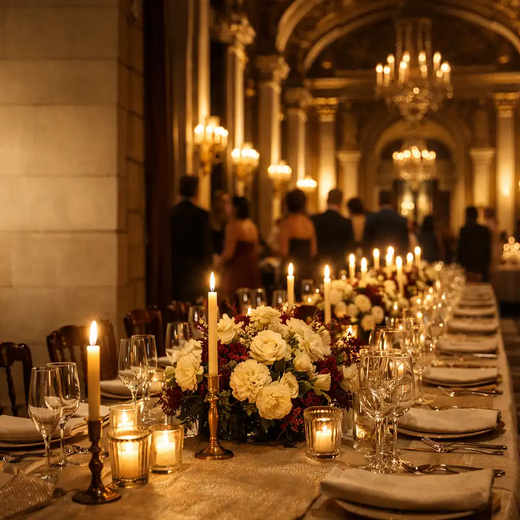 Table de dîner élégante éclairée dans une salle patrimoniale aux matières chaleureuses