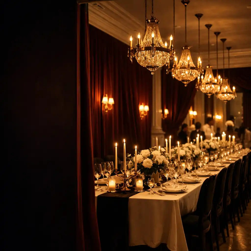 Salle de réception préparée avec table dressée, velours bordeaux et lumière chaude