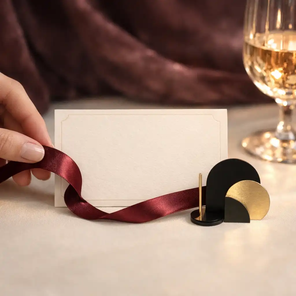 Main ajustant un ruban bordeaux sur un détail de table en papier ivoire