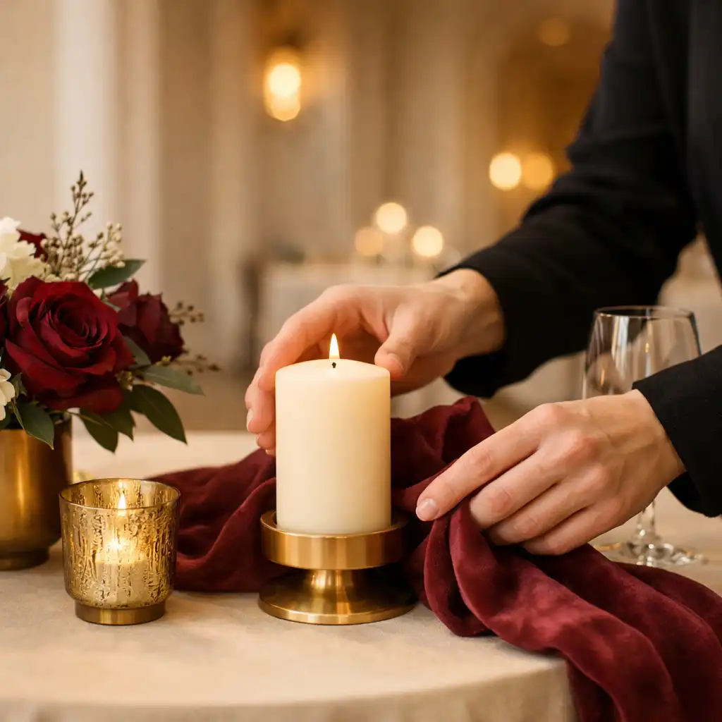 Derniers gestes de scénographie sur une table de réception aux matières chaudes.