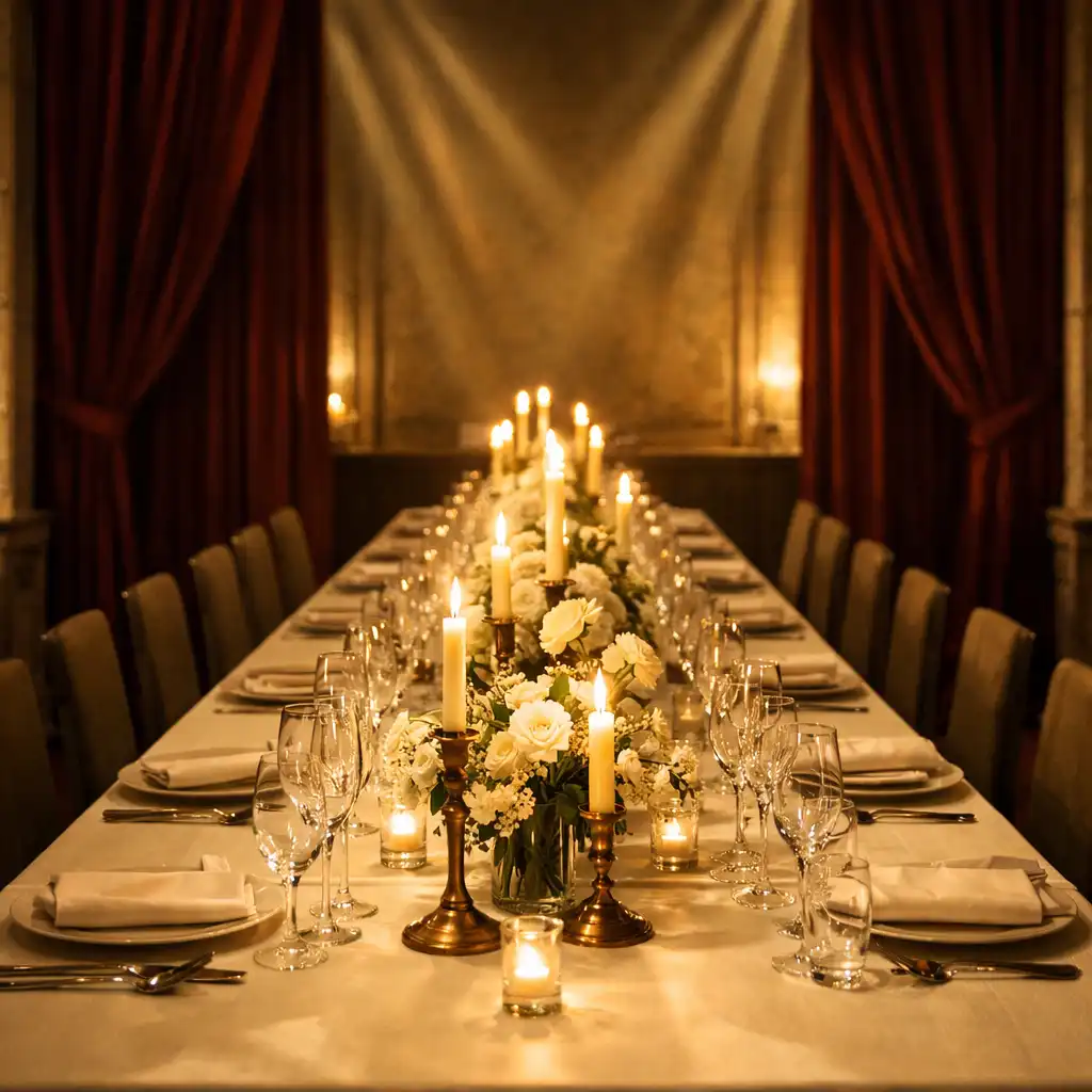 Table de réception ivoire éclairée par des bougies et des luminaires chauds