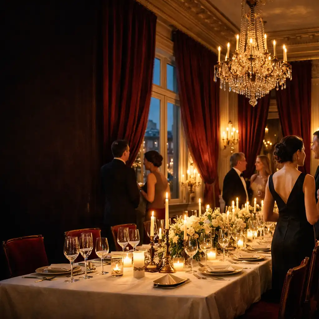 Réception d’entreprise élégante, table dressée et invités dans un intérieur aux lumières chaudes.